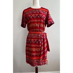 VTG Sag Harbor Wrap Waist Dress Womens 10 Red Geometric Print 90s